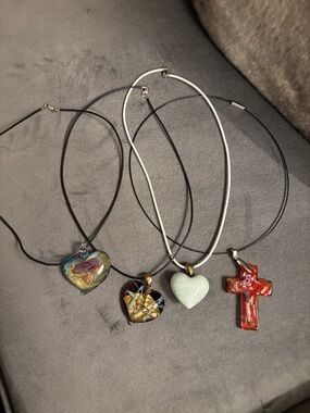 Glass Heart & Cross Necklace Collection of 4 - Assorted Colors | 16”